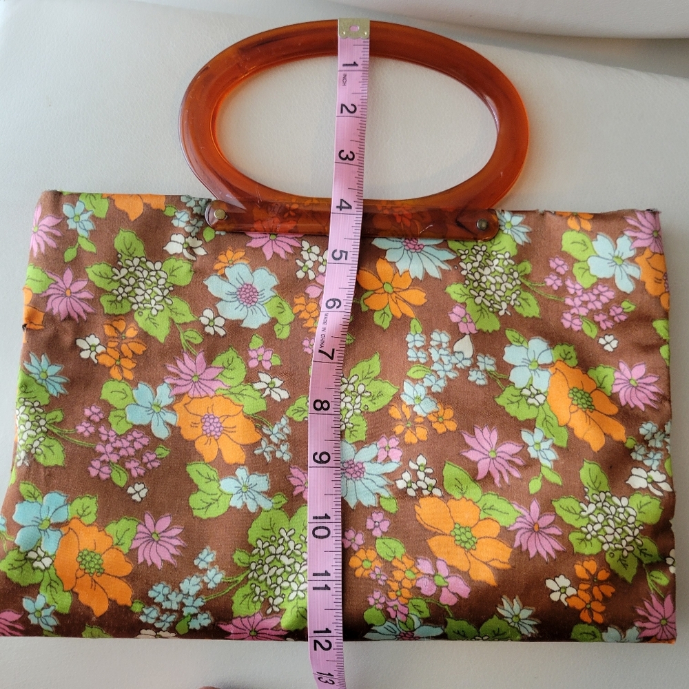 Vintage Lady's Pride Folding Floral Tote ~ Mod 1960s ~ Lucite Handles ~ Flawed - Picture 7 of 16